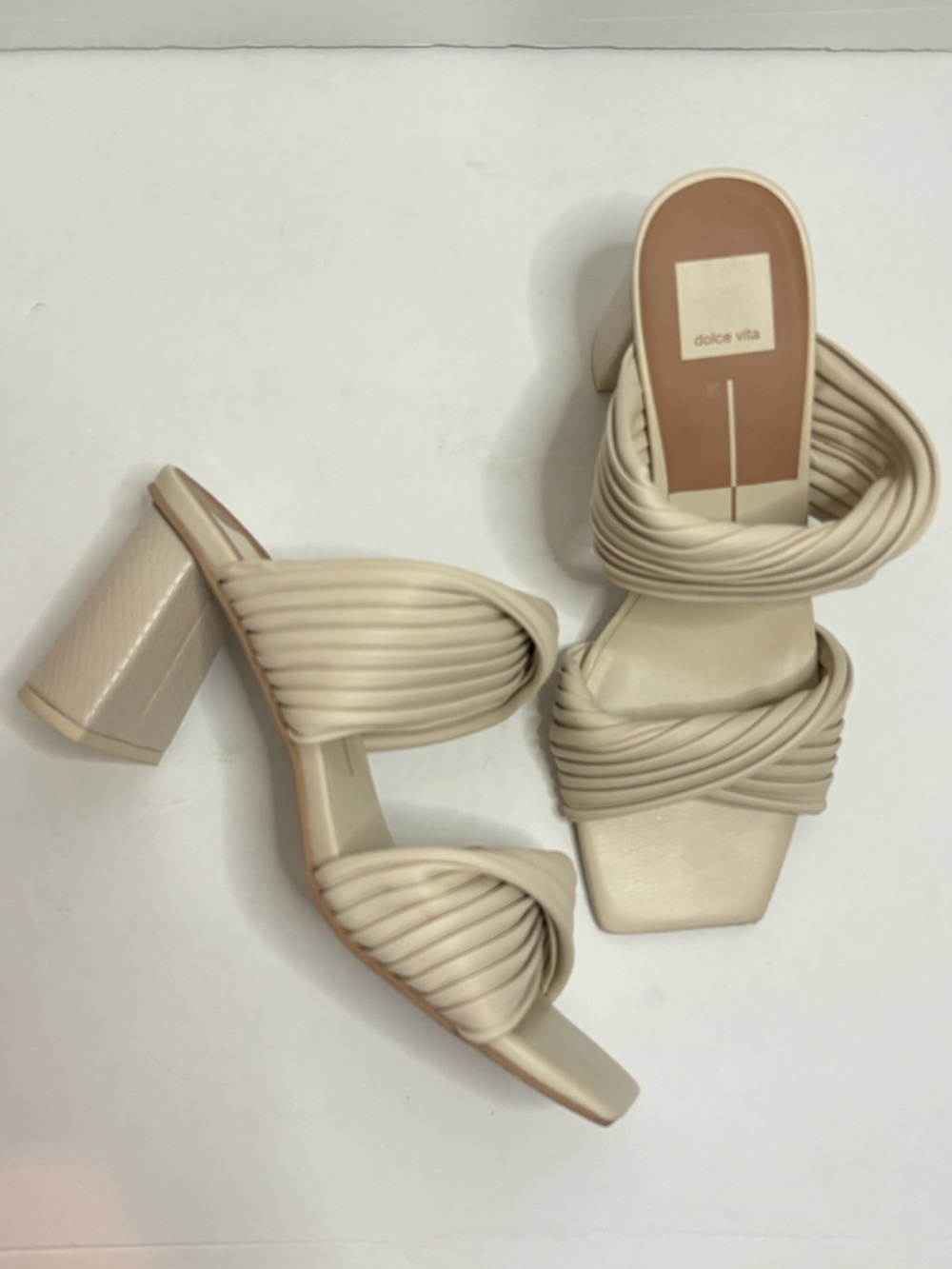 Dolce Vita Pilton Ivory Pleated Double Strap Covered Block Heel Sandal 8.5